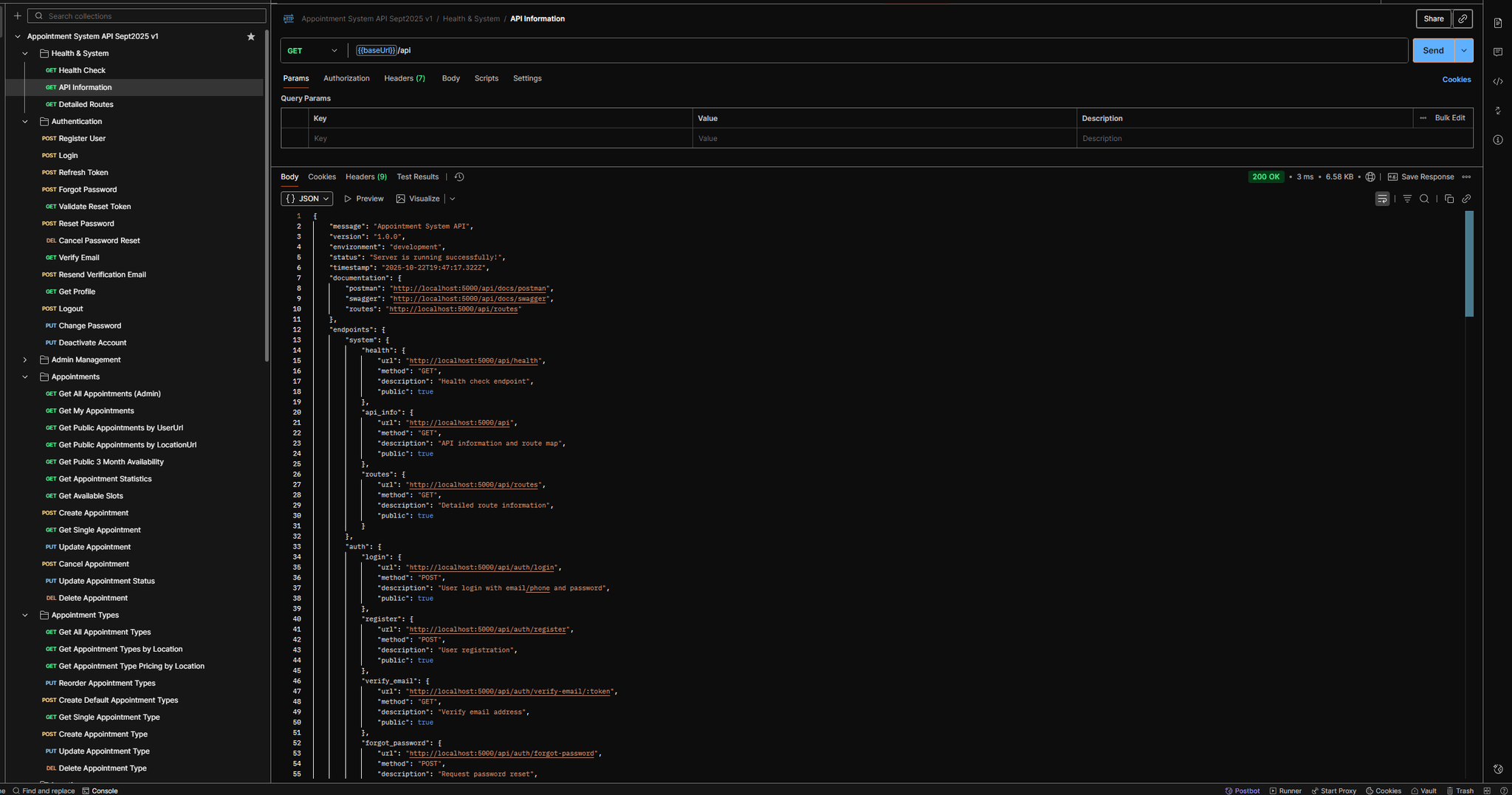 Appointment System backend architecture showing API endpoints, WebSocket integration, and payment processing workflows