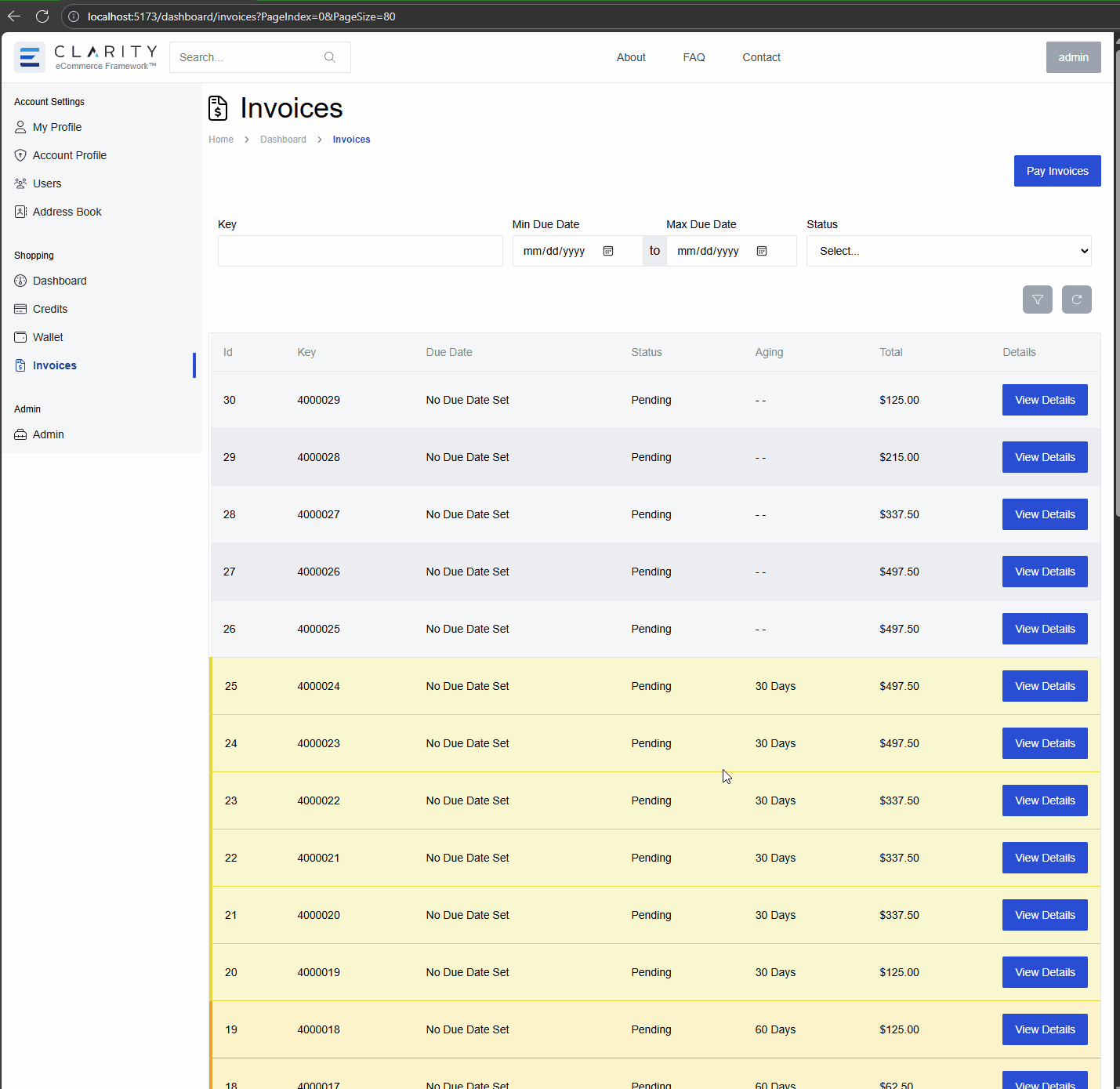 Clarity Payhub for invoices on aging setting demo